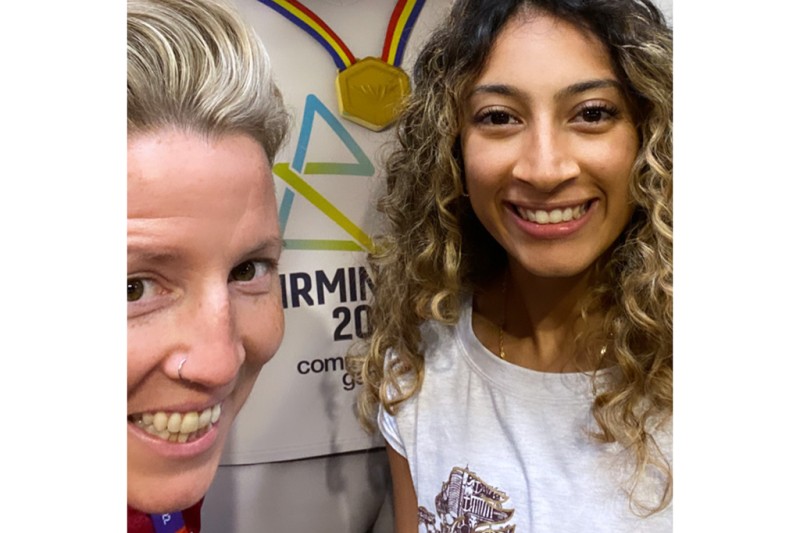 Selfie of Emma Kavanagh and weightlifter Noorin Gulam at Team England's welcome centre in Birmingham