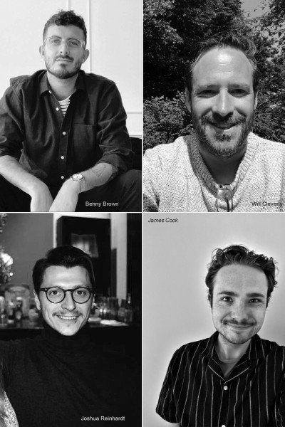 A collage of 4 black and white images showing the smiling face of 4 male colleagues working at EPOCH academy