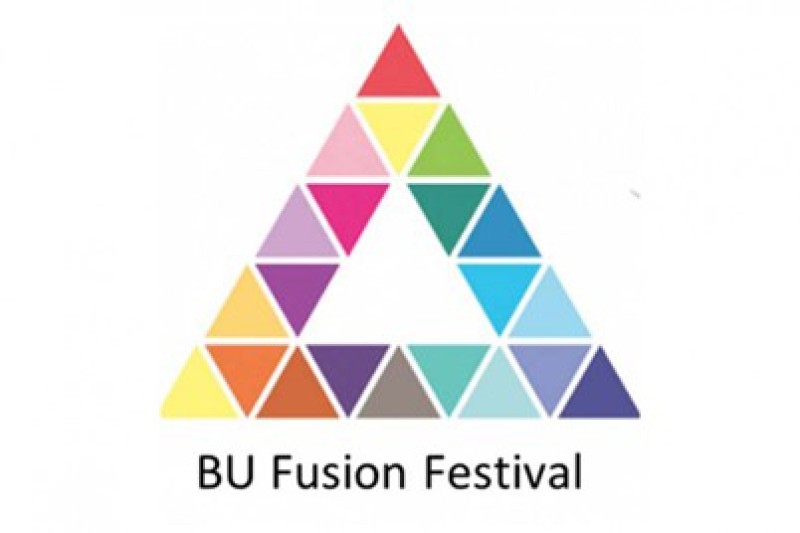 A colourful triangle with BU Fusion Festival written underneath