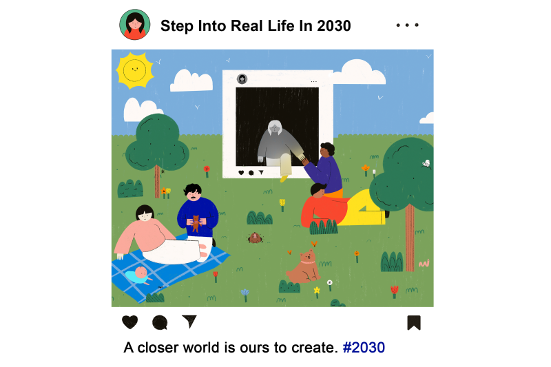 Earth Day Artwork An animated picture showing an individual climbing out of a giant mobile phone screen. In the foreground are people relaxing in the park, enjoying time with friends and family