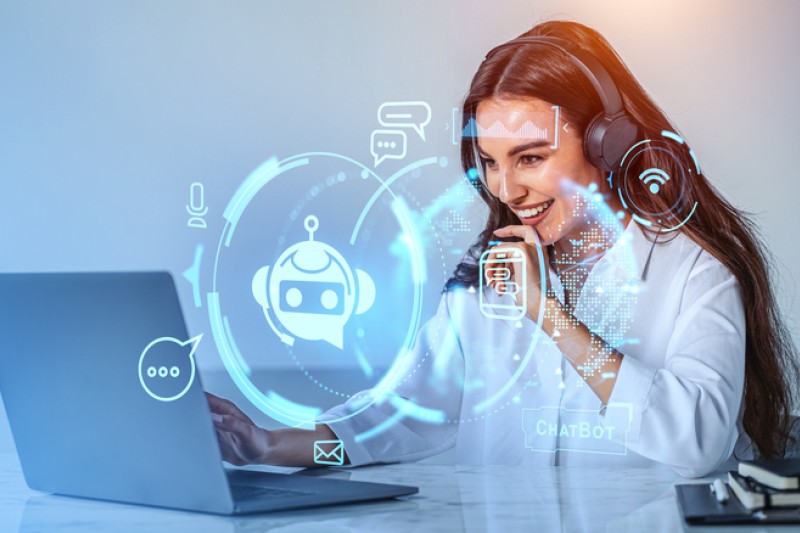Happy young woman in headphones using laptop with double exposure of AI artificial intelligence chat bot. Concept of machine learning and AI assistant