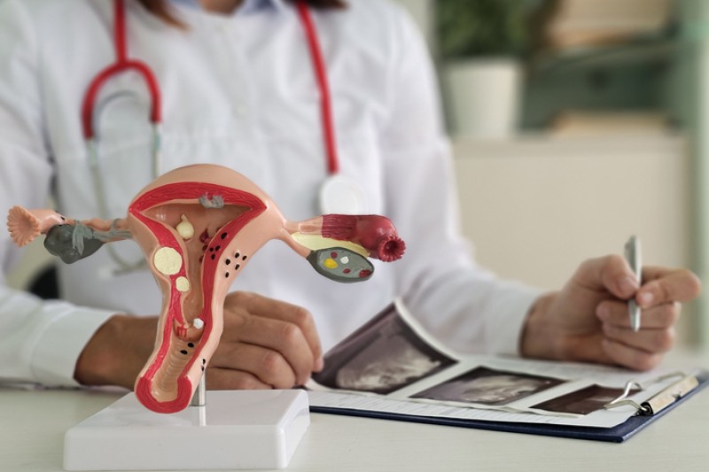 A photo of a women in medical clothes reviewing documents
