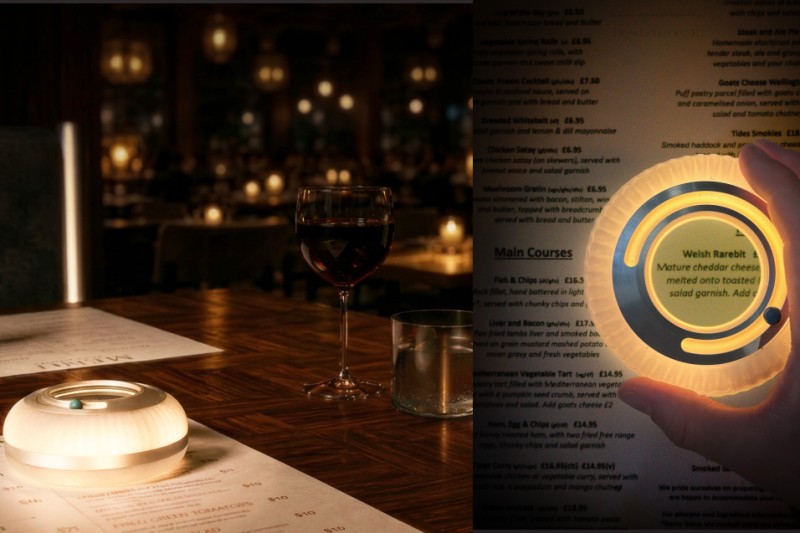 A photo of the Halo product on top of a restaurant menu