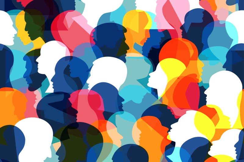 Listening to seldom heard voices Brightly coloured heads overlapping and facing in different directions