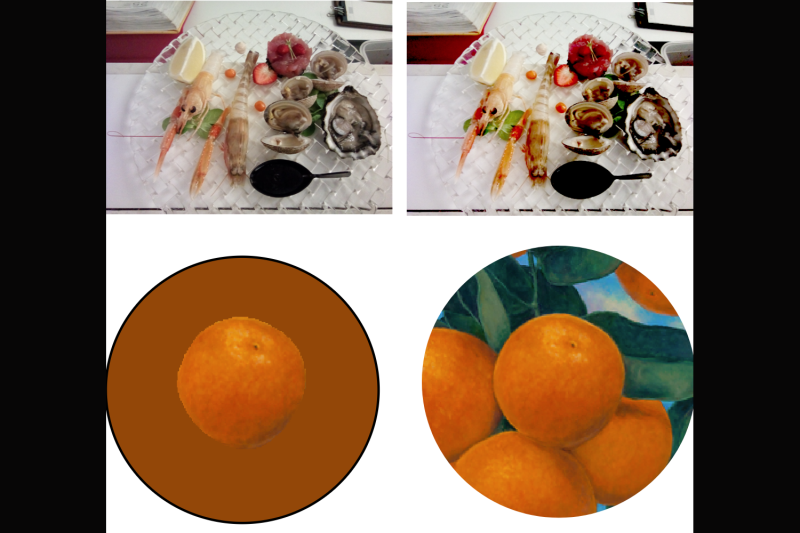 Four images in a square. The top left image shows a dinner table with various food and drink items. The top right shows the same table but with more vivid colours. The bottom right image shows a painting of four oranges clustered together with some green background around them. The bottom left image shows just one of the oranges on a plain background, looking less vivid.