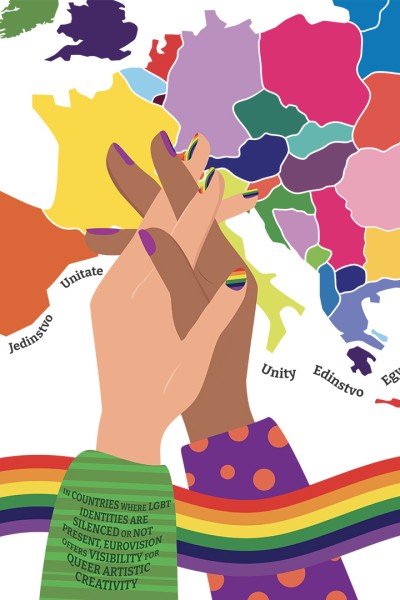 An illustrated image of two hands connecting above a map of Europe An illustrated image of two hands connecting above a map of Europe