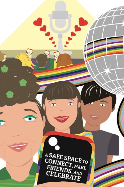 Illustrated image of a group holding a mobile phone that says: 'A safe space to connect, make friends and celebrate' Illustrated image of a group holding a mobile phone that says: 'A safe space to connect, make friends and celebrate''