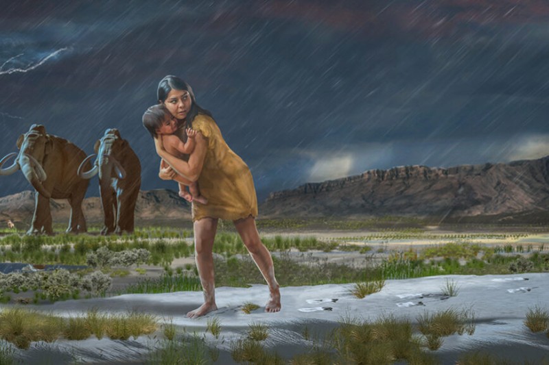 Learning from the past public lecture image An illustration of a prehistoric woman holding a child with woolly mammoths in the background
