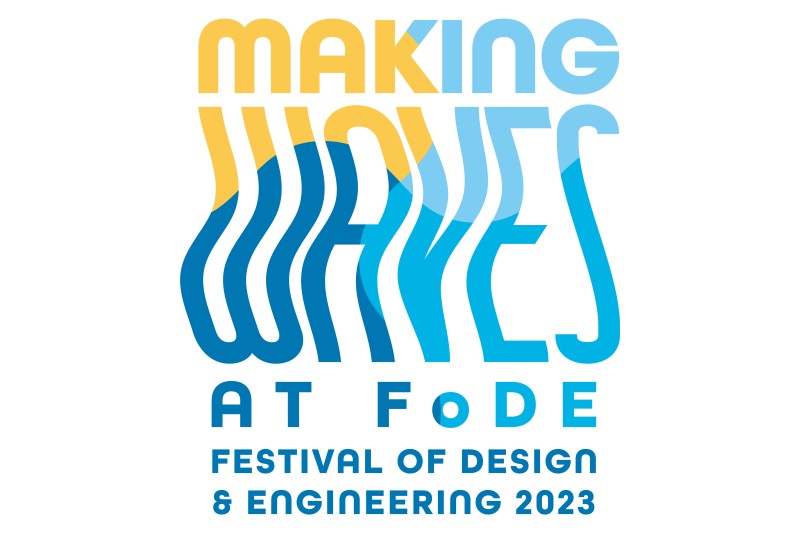 The festival logo - blue and yellow wavey text reading "Making Waves at FODE"