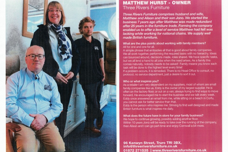 A photo of Matthew, Alison and son Jono alongside a Q&A about the family business with Matthew