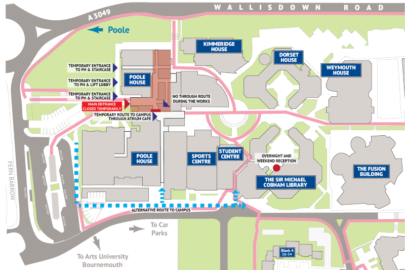 Map of Poole House depicting the closed main entrance and the alternative entrances to the left and right.