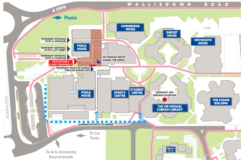 Map of Poole House depicting the closed main entrance and the alternative entrances to the left and right. 