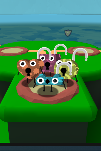 five animated character padlocks, with legs and faces on.