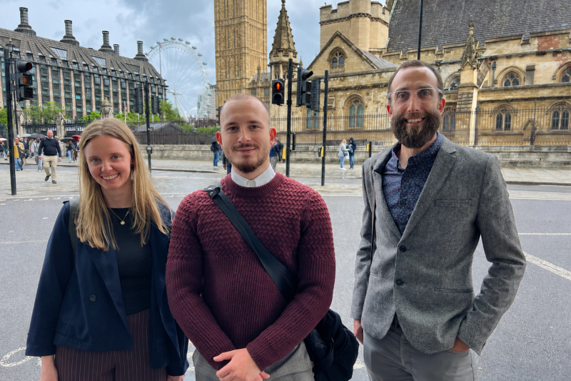 Left to right: Natalie Edwards, Tony Wayne and Will Brentnall outside the Houses of Parliament