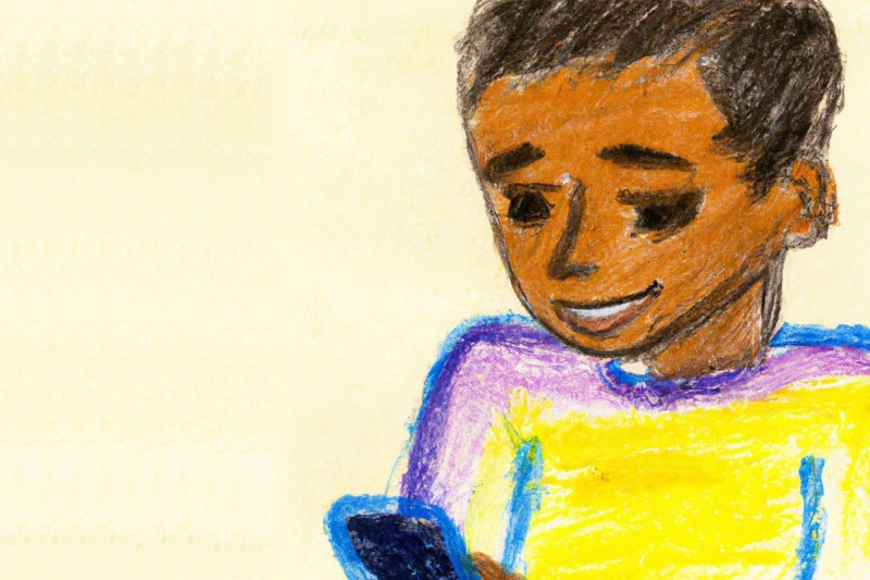 A drawing of a child on a mobile phone 