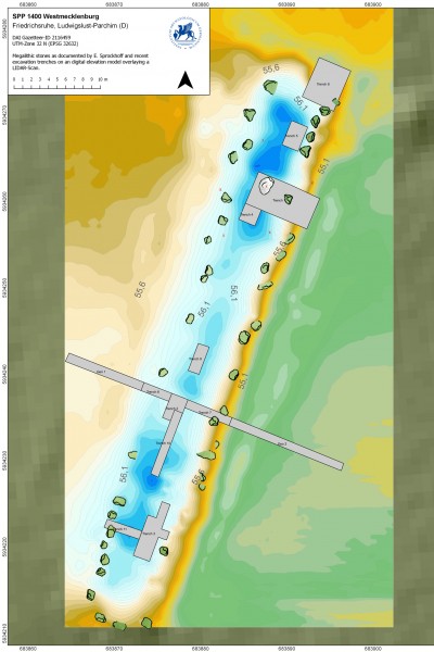 Plan of Friedichsruhe 8 showing the position and extent of the excavation trenches