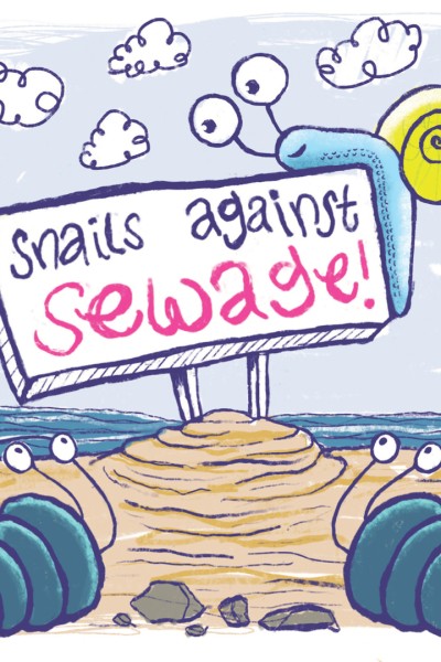 Pond life three cartoon snails with a sign saying "snails against sewage"
