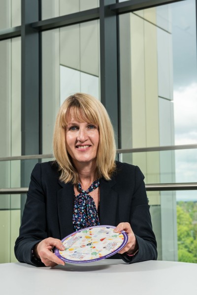 Professor Jane Murphy holding the nutrition wheel tool 