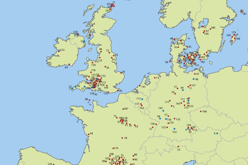 A map of northern Europe with numerous red and blue dots marking the sites which were studied