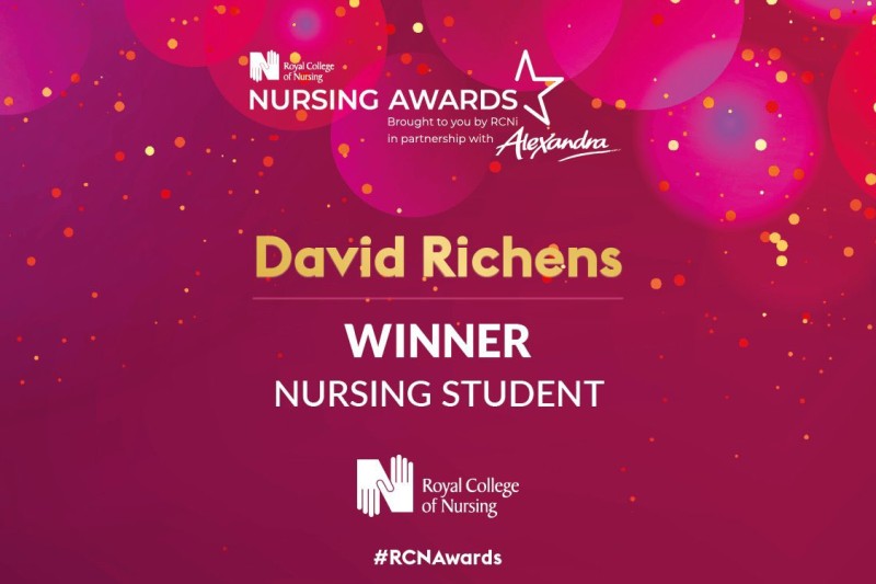 Certificate announcing Dave Richens as the Nursing Student award winner at the Royal College of Nursing awards, with the RCN logo