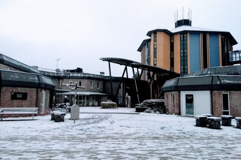 The Sir Michael Cobham Library courtyard in the snow