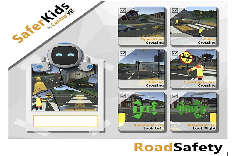 Saferkids VR Road Safety poster showing six simulation images of roads