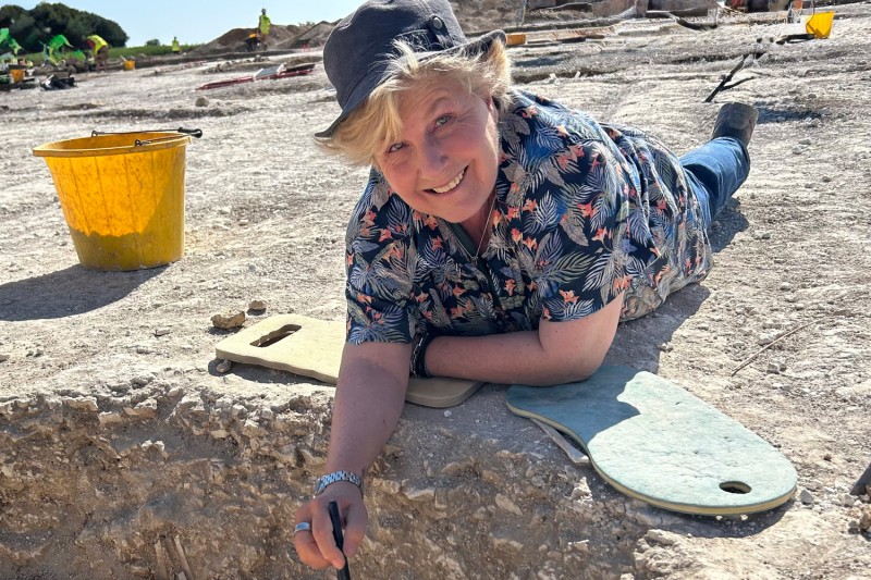 Sandi Toksvig helping excavations at the dig site