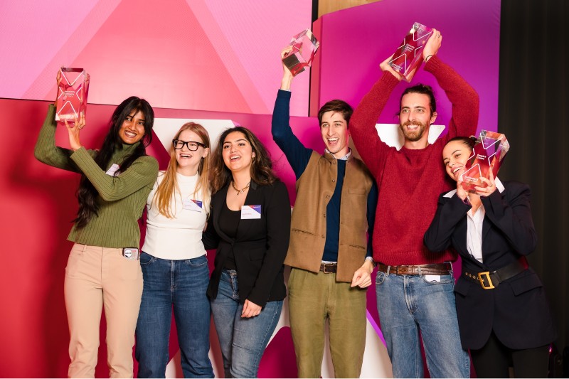 Six student winners holding up their trophy at the Santander X Awards 2024