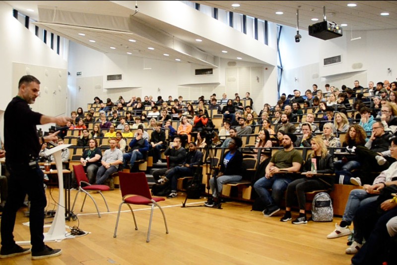 Scott Prichard from ILM presenting in front of an audience at the BFX Festival at Bournemouth University