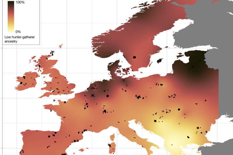 Map showing hunter-gatherer communities in darker colour