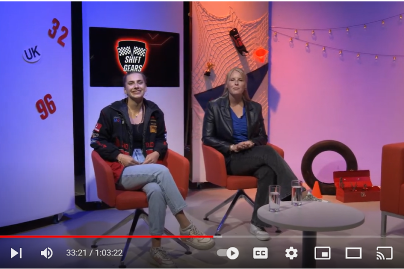 Shift Gears Two young female presenters in a TV studio talking to the camera