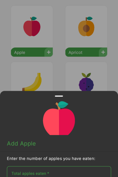 A computer animated picture of an apple with text asking the app user to enter the amount of apples eaten