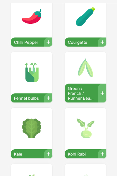 A screenshot from the app asking the user to select from several icons depicting vegetables