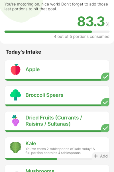 a screenshot from the app showing how many portions of fruits and vegetables the user has eaten - in total, and broken down into individual items 