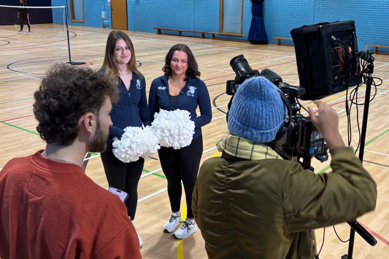 BU Cheerleaders being interviewed by the Strictly crew