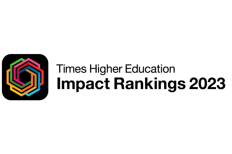 THE Logo has a colourful hexagonal shape and wording "Times Higher Education Impact Rankings 2023"