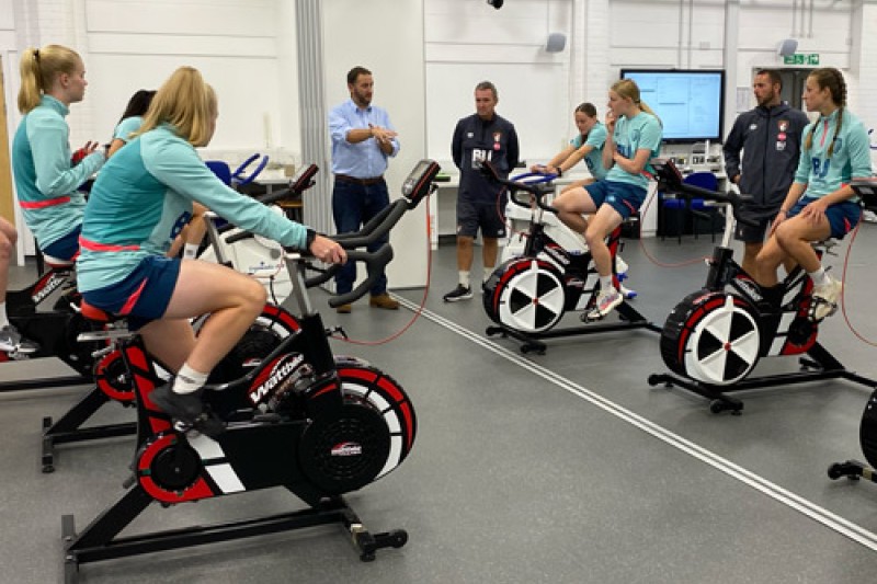 AFCB Women's team players warming up before fitness testing AFCB Women's team players warming up before fitness testing