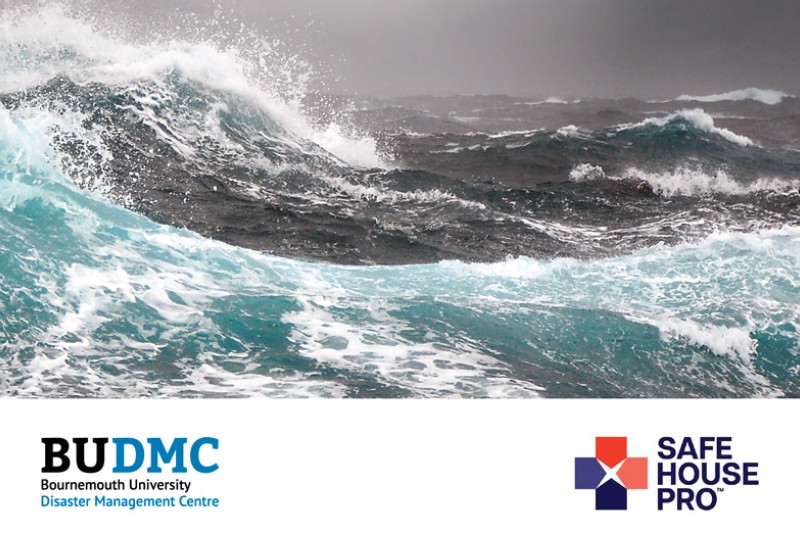 A photo of some waves and the BU Disaster Management Centre and SafeHoue Pro's logos underneath