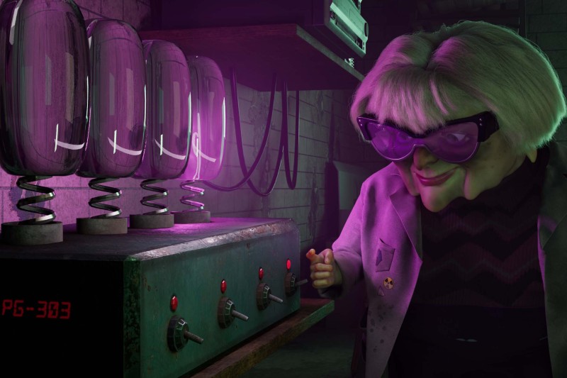 Animated image of a woman in a lab coat and safety goggles in a dark lab, switching on four lights