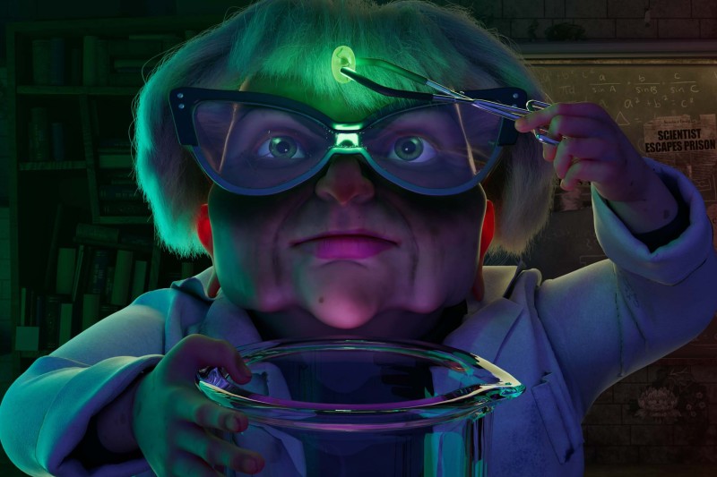 Animated image of a woman wearing a lab coat, holding a small bright green object in a pair of tongues