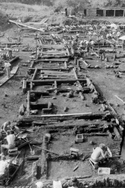 The Troitsky site in Novgorod showing excavated wooden buildings