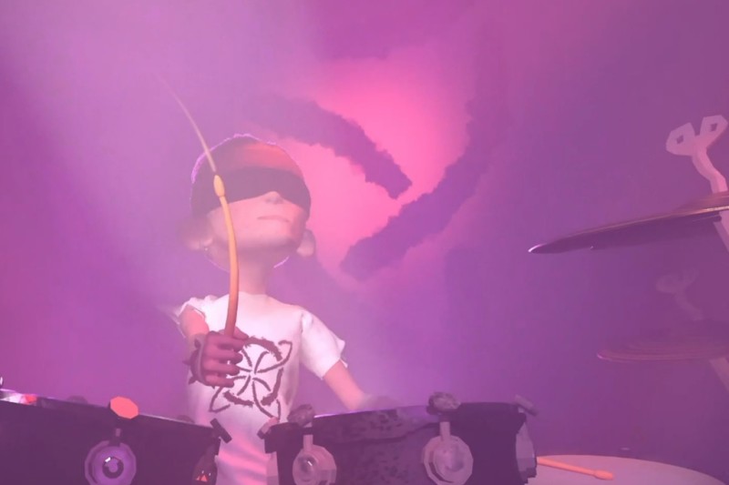 A computer animation of a child playing the drums, energetically hitting a drum with a drumstick. 