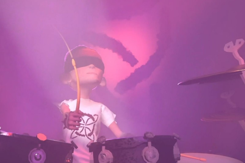 Animated Drummer A computer animation of a child playing the drums, energetically hitting a drum with a drumstick.