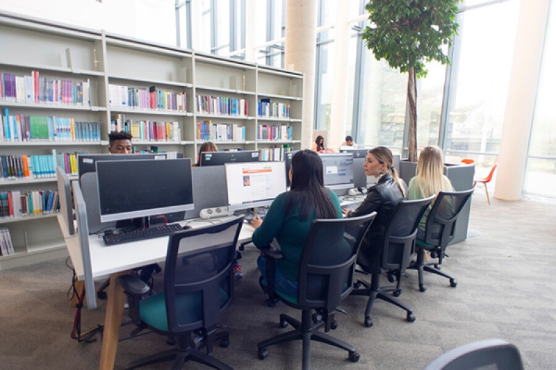 Students using pcs in Weston Library Students using pcs in Weston Library