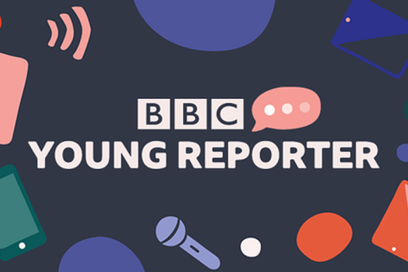 BBC Young Reporter logo, featuring symbols and icons such as a microphone, wifi symbol, a speech bubble containing an ellipsis