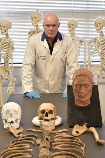 Dr Martin Smith with Kimmeridge Woman's skeleton and the reconstruction Dr Martin Smith with Kimmeridge Woman's skeleton and the reconstruction