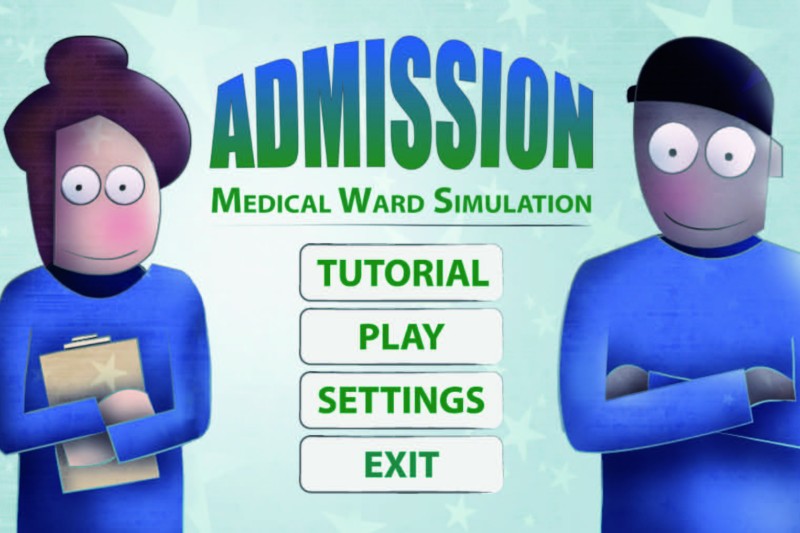 Two characters and the user menu for the Admission game