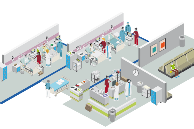 A graphic showing the virtual ward set up, with different areas and patients in beds