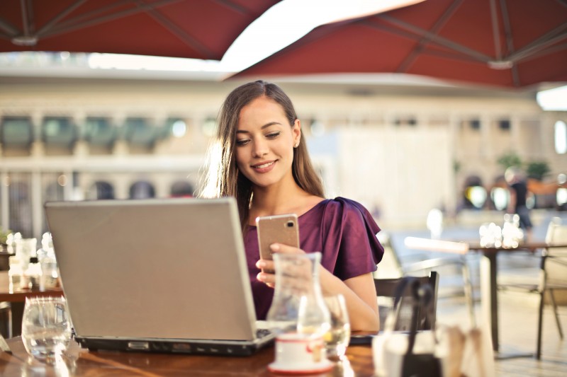 student working in plaza