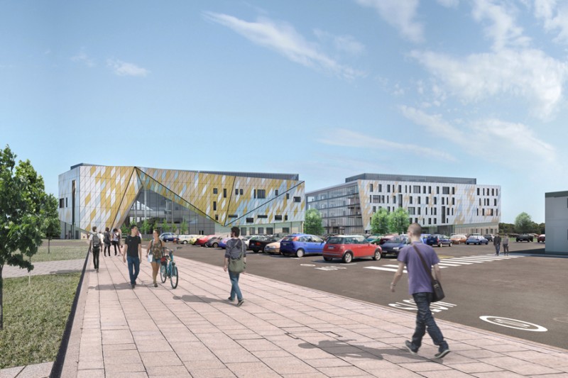 A visualisation of the completed Arne House alongside Poole Gateway Building, from the perspective of the adjacent car park at Talbot Campus
